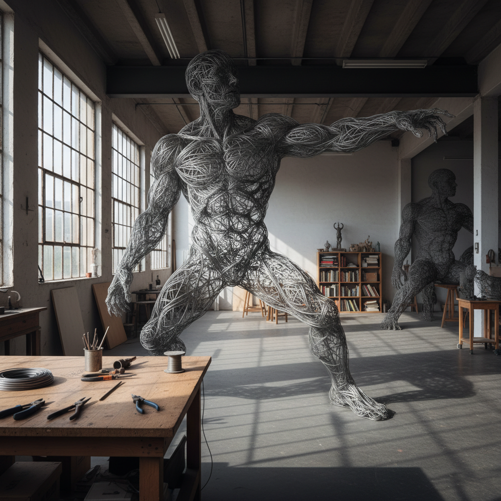 Steel wire armature framework for large figurative sculpture in studio