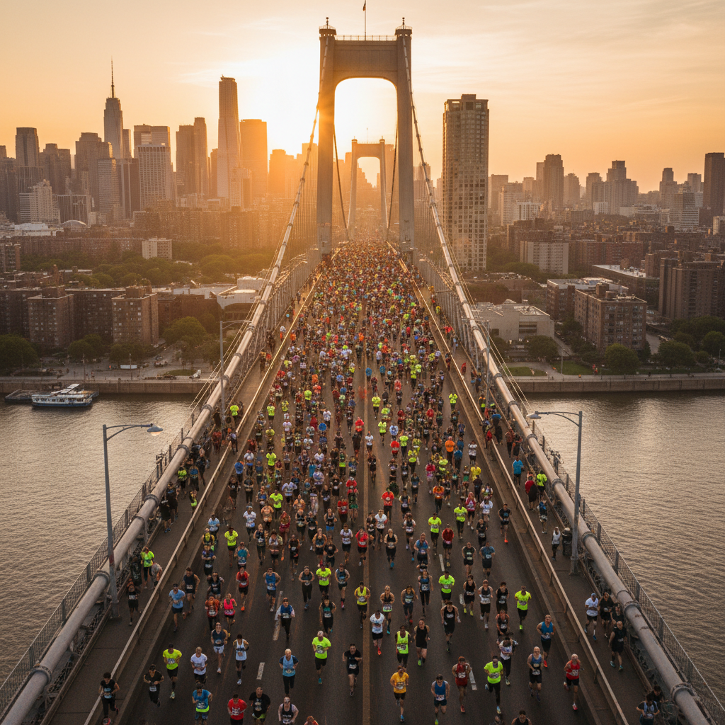 Runners in city at dawn