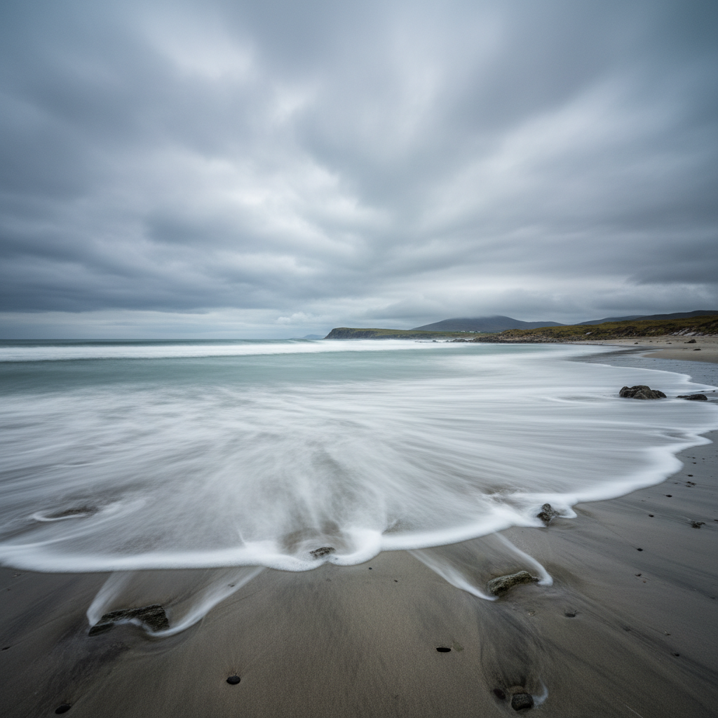 Long exposure seascape at Scarista beach with silky waves and moody clouds over the Outer Hebrides