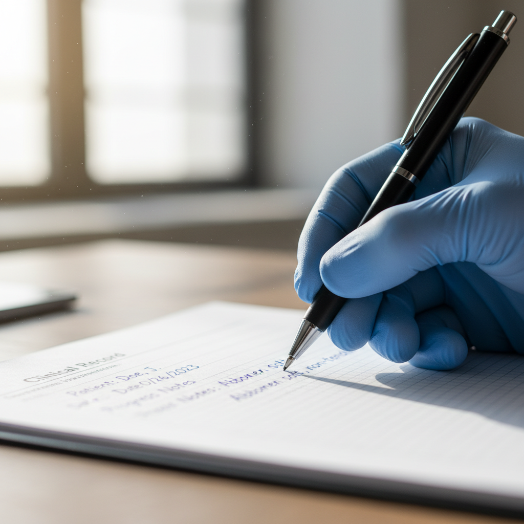 Gloved hands writing clinical chart notes at nursing station, pen on paper