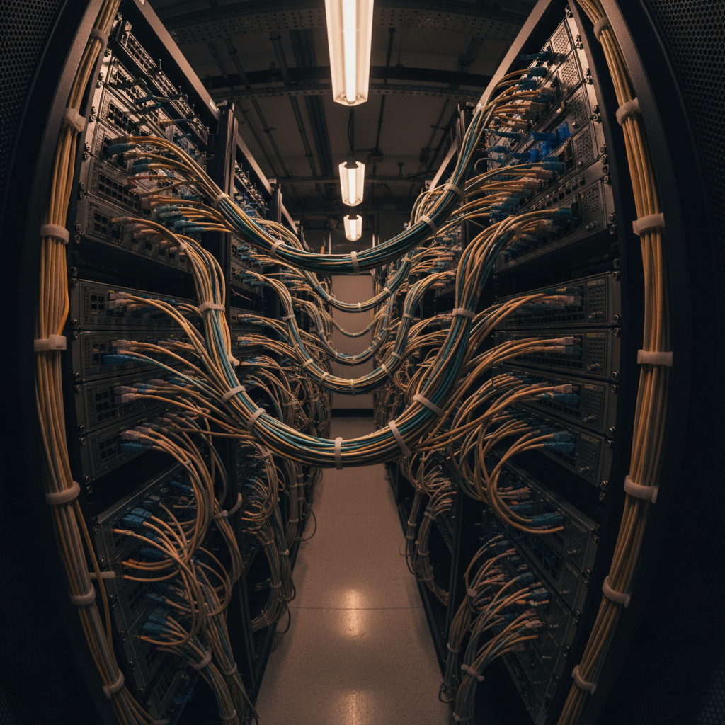 Dark fiber optic cables with faint blue light points, very dim atmospheric environment, deep shadow industrial setting