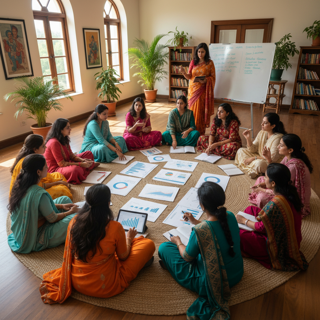 Women sitting in a workshop circle on plastic chairs, some taking notes, warm afternoon light through open windows