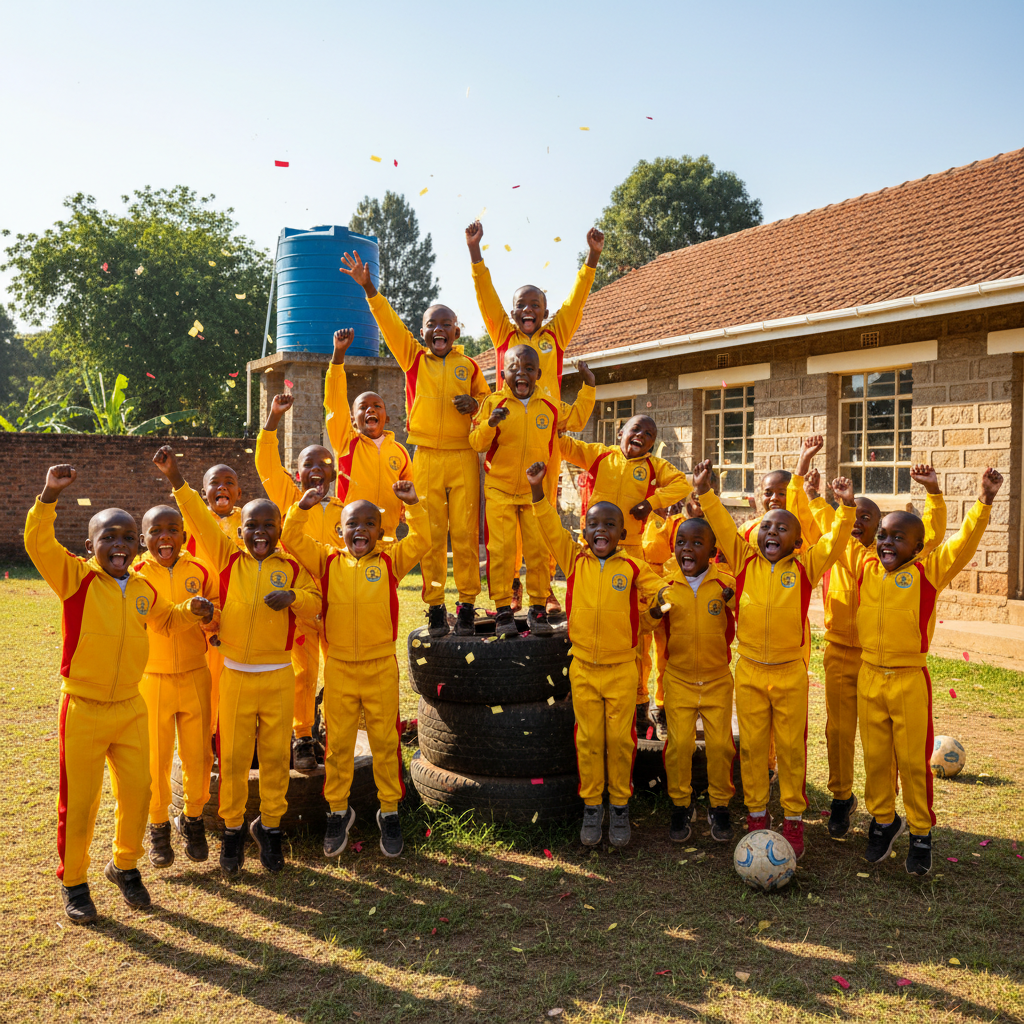 Large group of Hope Resilience Academy children in bright yellow and red tracksuits cheering and celebrating outdoors in front of the school stone building with a water tank, some standing on tires