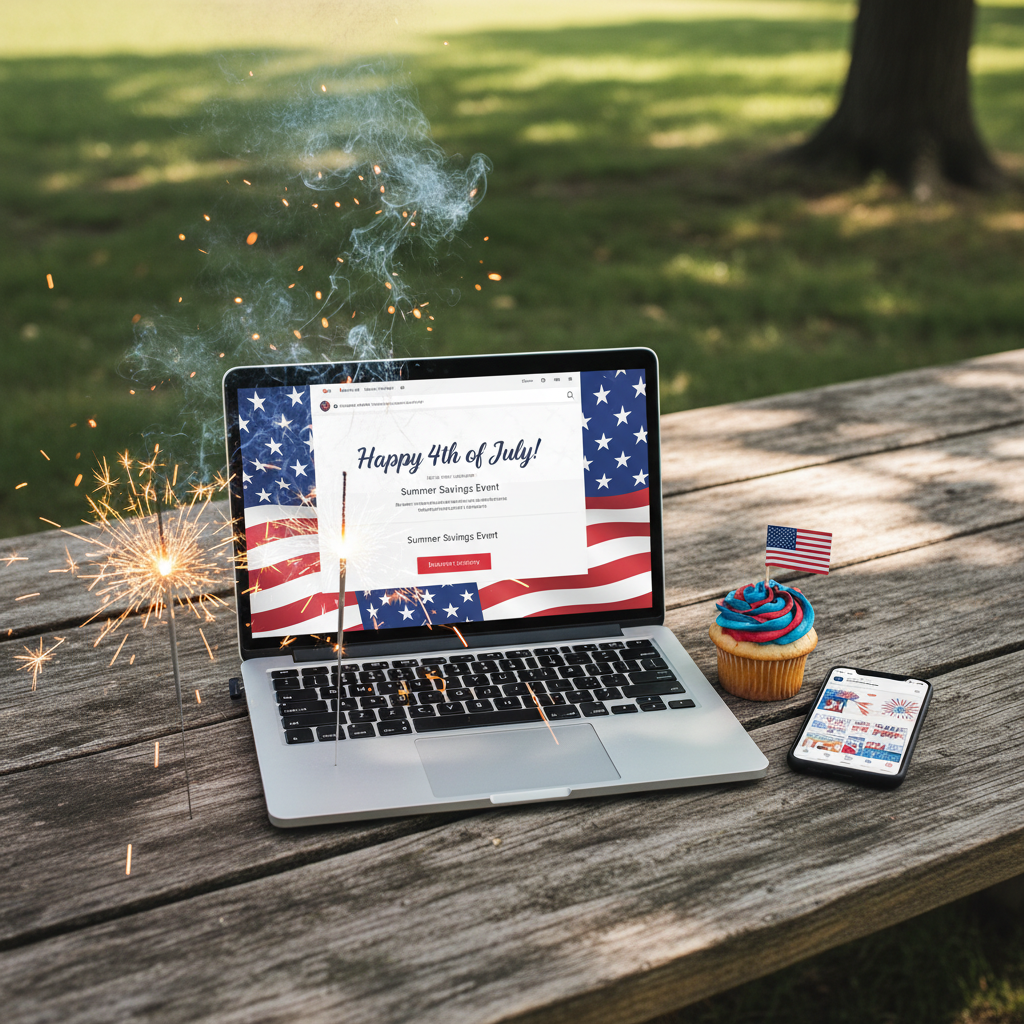 Laptop showing a July 4th email campaign on a weathered picnic table surrounded by sparklers, an American flag cupcake, and a smartphone showing Instagram story templates in dappled afternoon light