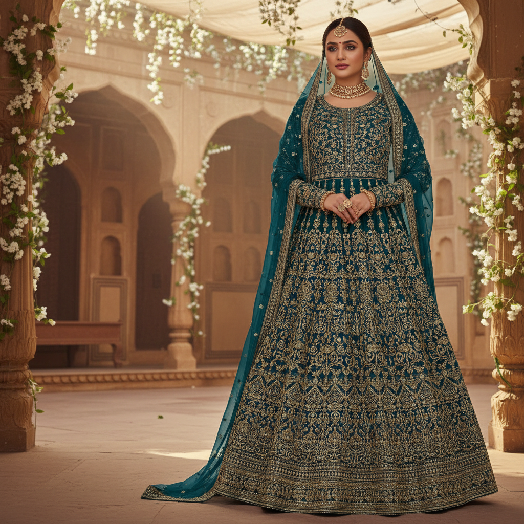 Young Indian woman in festive 3-piece suit with zari border, deep maroon and gold tones, heritage backdrop