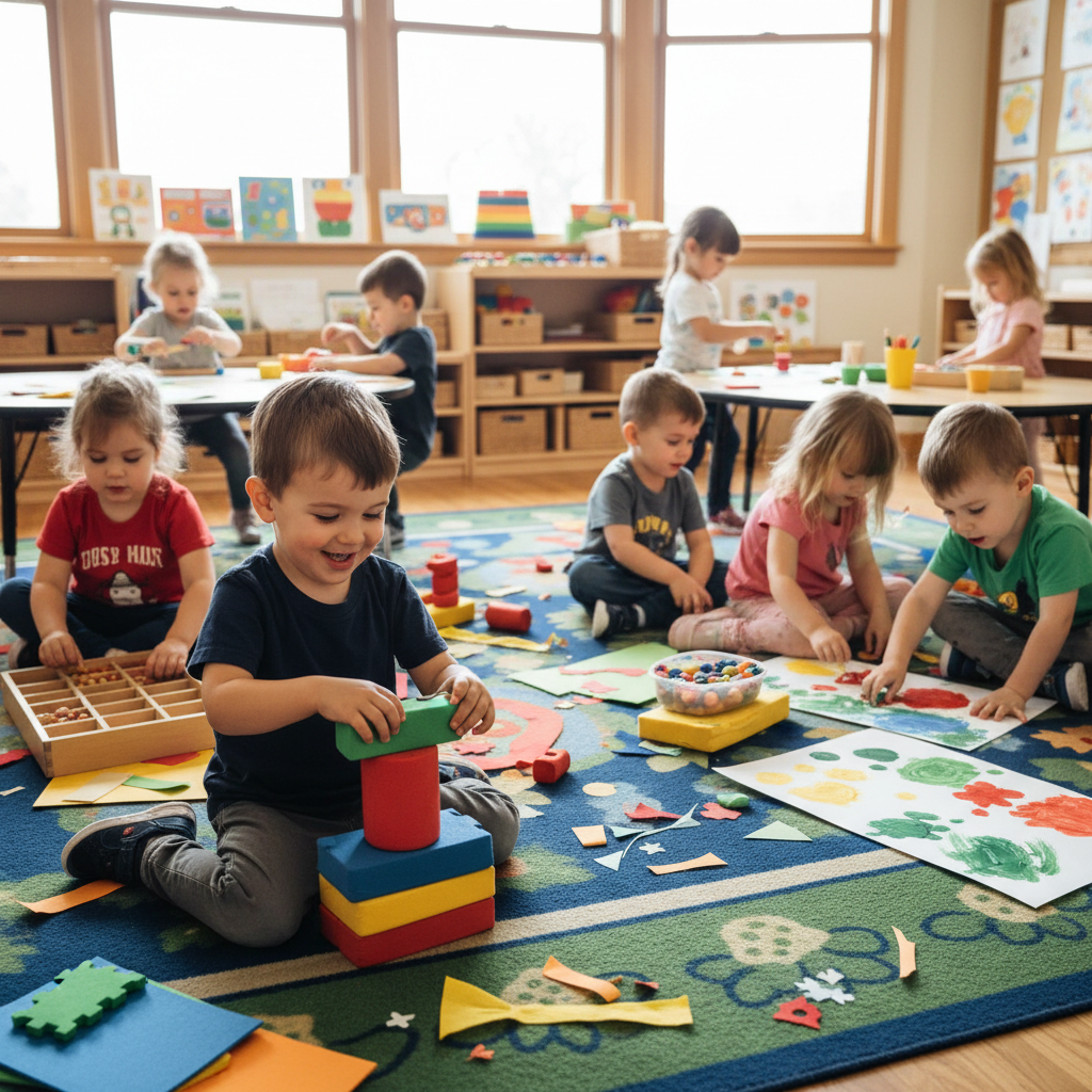 Young children learning with colorful books and art materials in bright airy classroom