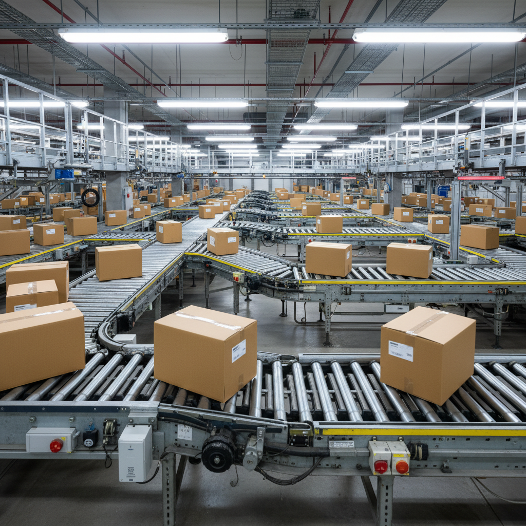 Warehouse conveyor belt with boxes moving through an automated sorting system under fluorescent light