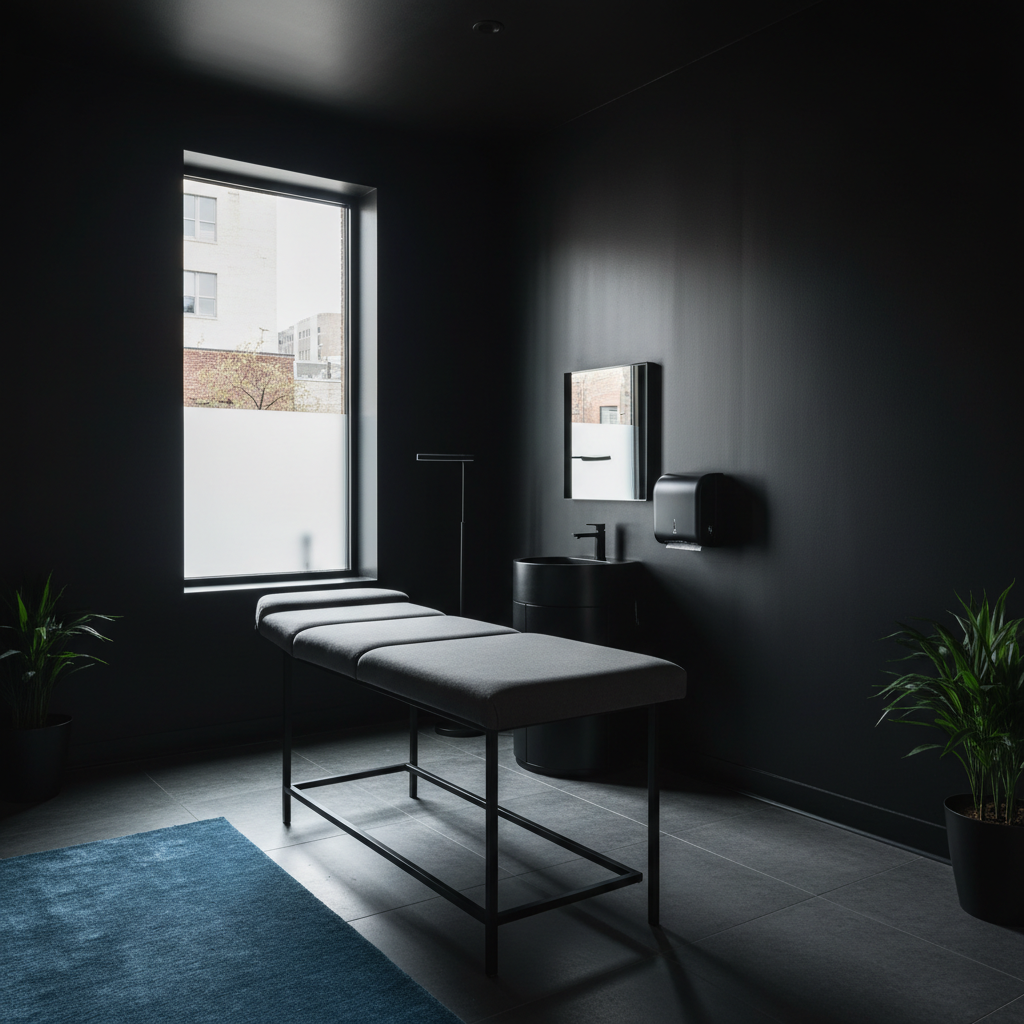 Lacquer West Loop studio treatment room with single window and matte black fixtures