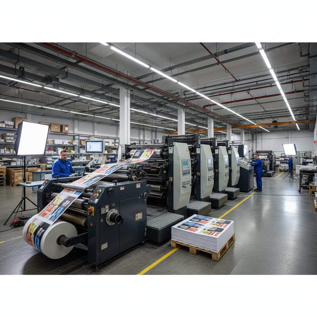 Print production facility with large format printing machines in a bright industrial workspace