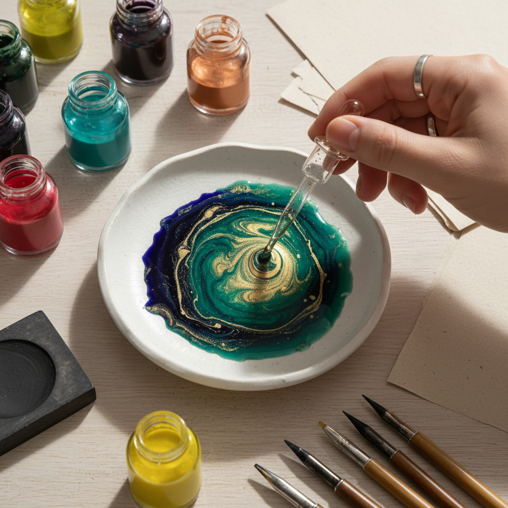 Overhead view of a calligrapher mixing custom ink colors in a ceramic dish