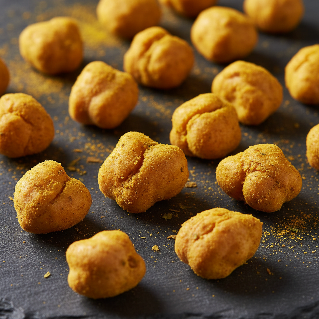 Golden chickpea clusters with turmeric coating, irregular shapes showing artisan texture, scattered on dark surface