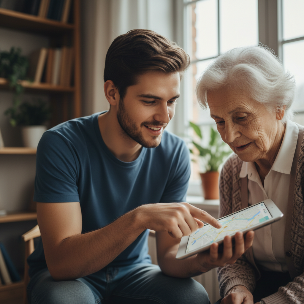 Young person patiently teaching elderly person to use smartphone in comfortable home environment