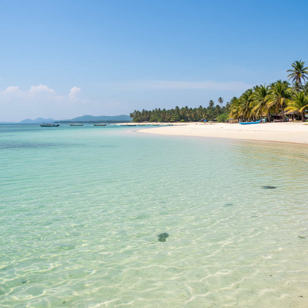 Pasikuda Beach Batticaloa Sri Lanka, shallow turquoise lagoon, white sandy shore, calm water ideal for swimming