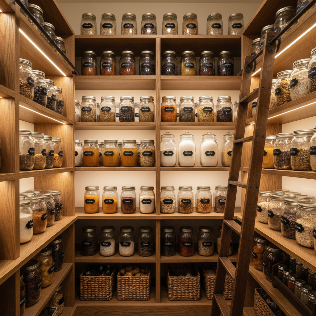 Beautifully organized kitchen with labeled jars, open shelving with neatly arranged items, warm neutral tones, bright natural light