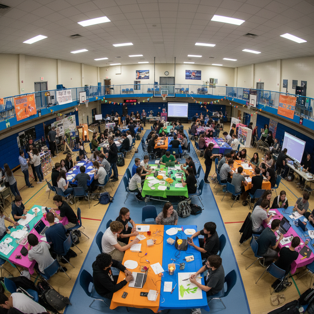 Elementary school children working on art projects at colorful tables