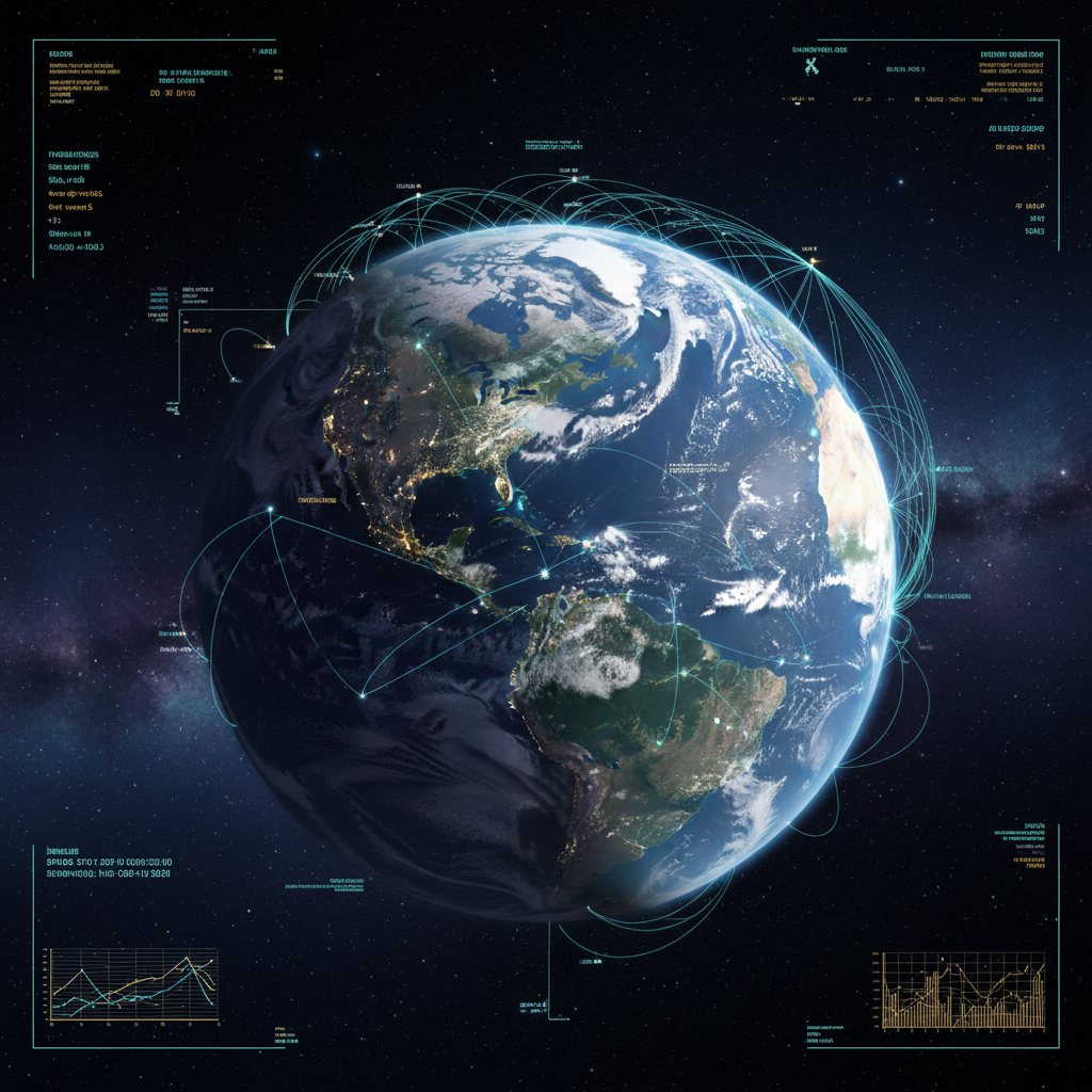Satellite view of Earth showing ocean with vessel tracking overlays and orbital data streams