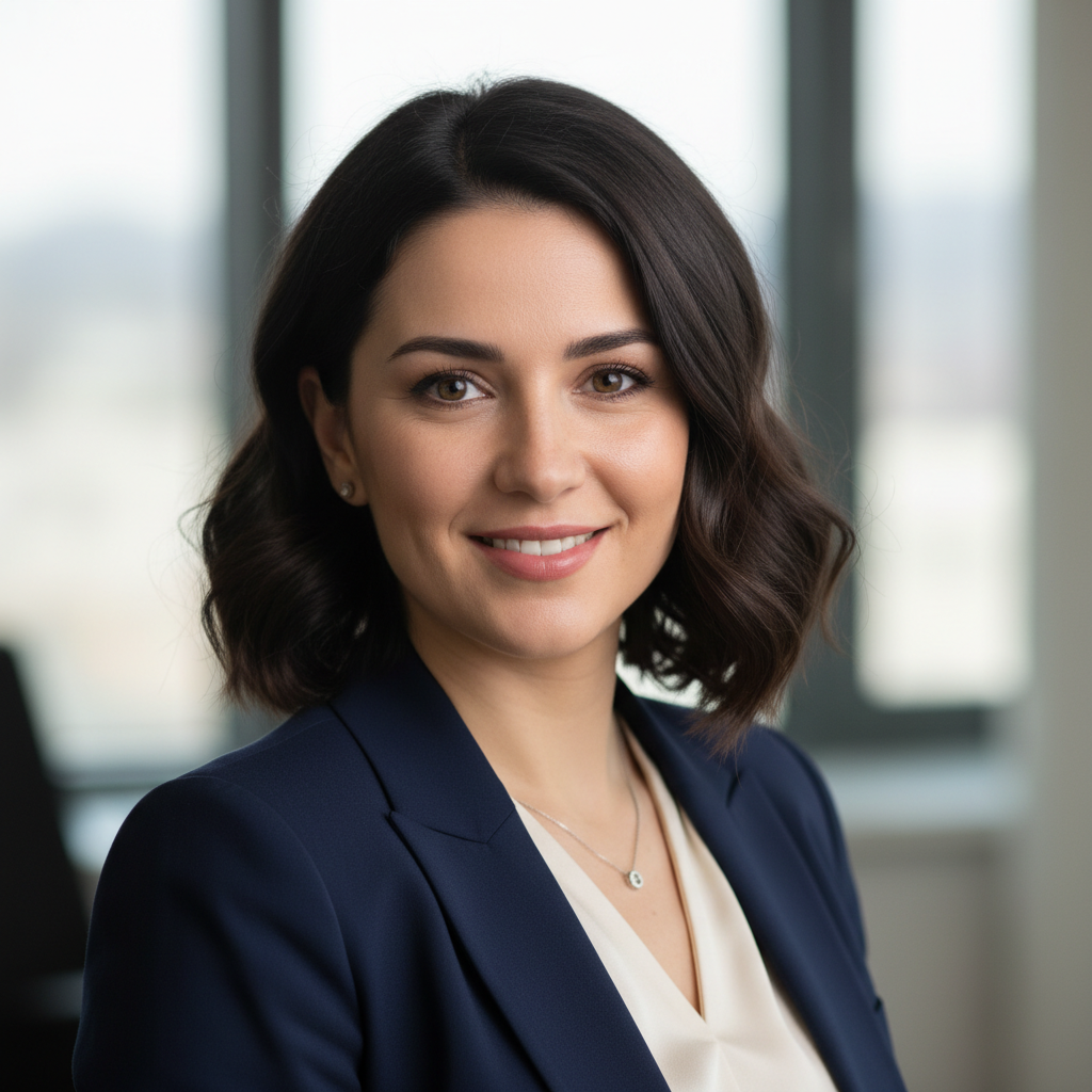 Professional woman with dark hair smiling confidently
