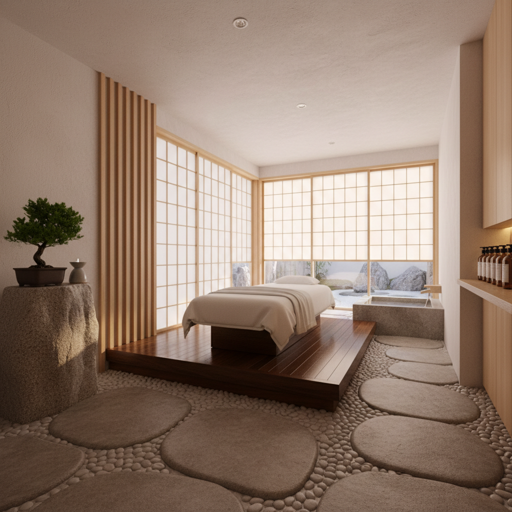 Serene Japanese-influenced interior with natural stone textures and warm ambient lighting