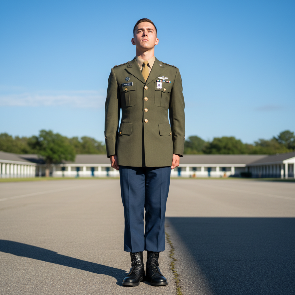 Young person in uniform standing at attention outdoors on a clear morning