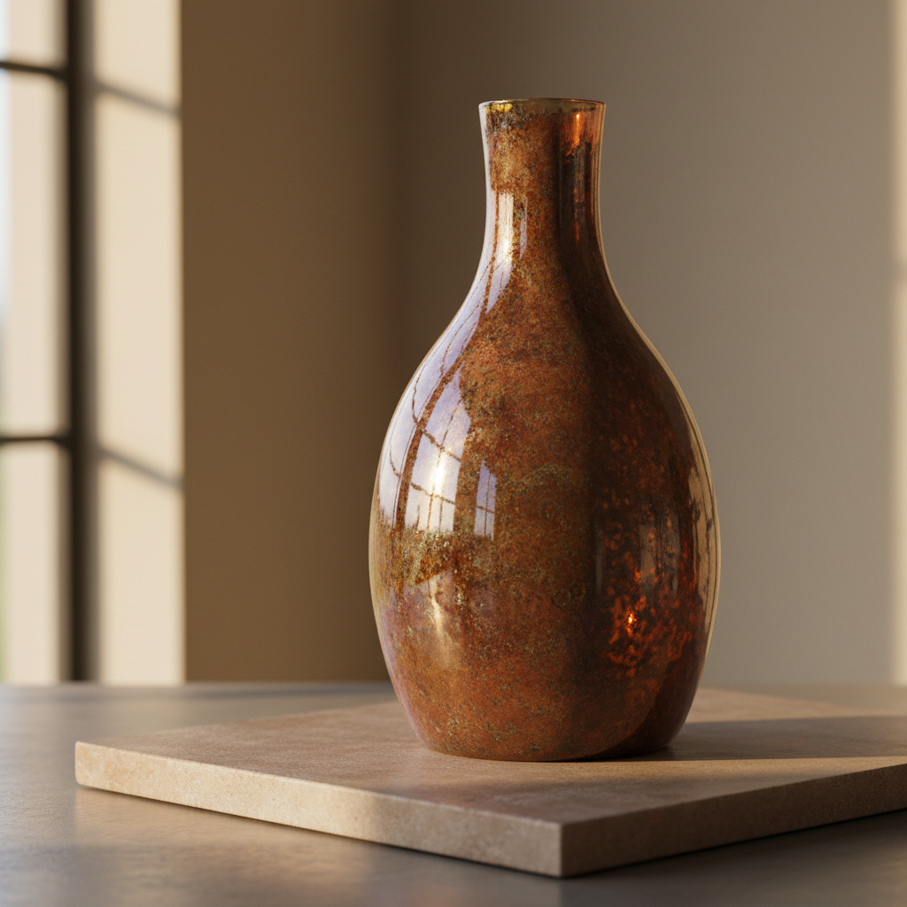 Artisan glass carafe with copper-oxide glaze catching warm window light