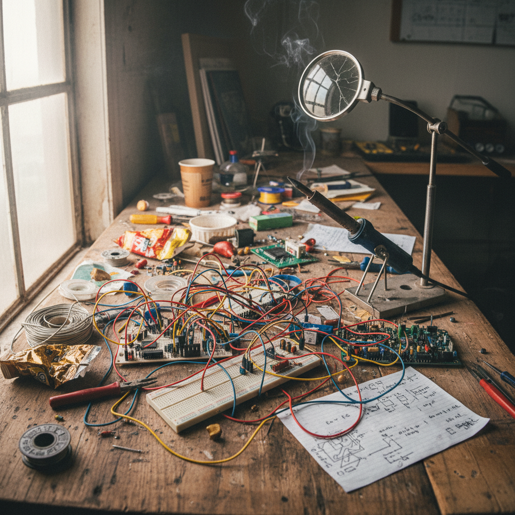 Workbench covered in wire, components, and notes showing a messy experiment in progress