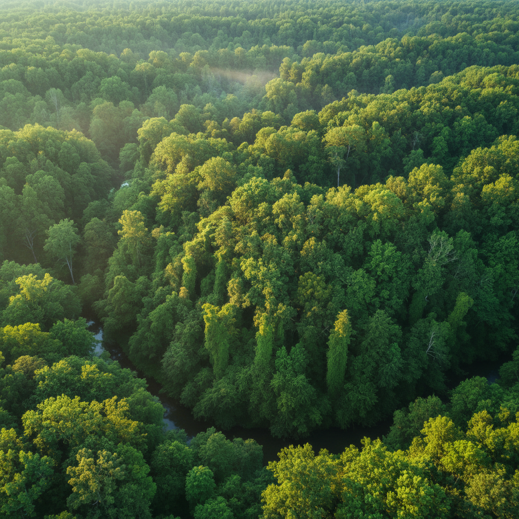 Aerial view of lush green forest canopy with winding river valley below