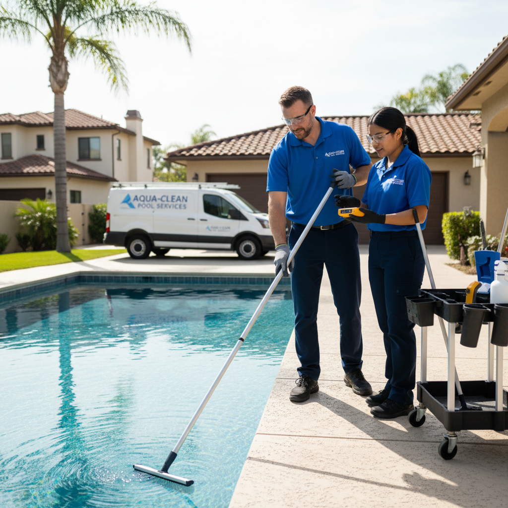 Professional pool maintenance technician working on a residential swimming pool