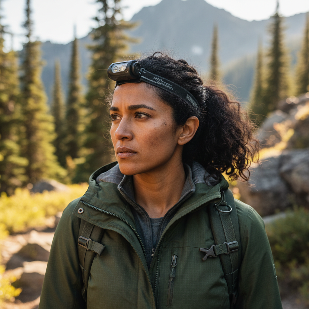 Priya Nair, a South Asian woman in her 30s with dark hair pulled back, wearing outdoor gear