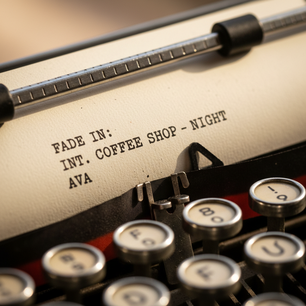Screenplay page being typed on a typewriter, close-up macro shot showing paper fibers and ink