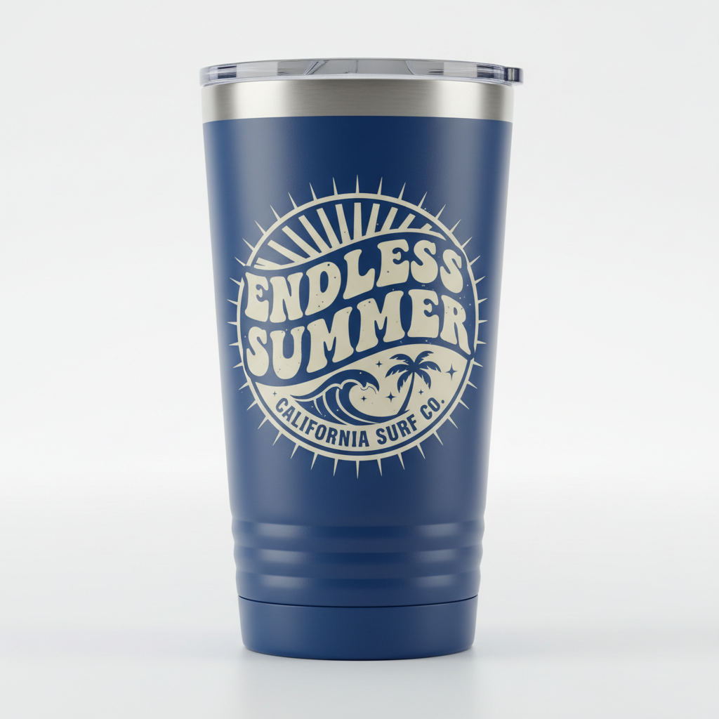 Custom printed tumbler with vintage surf typography design in blue and cream