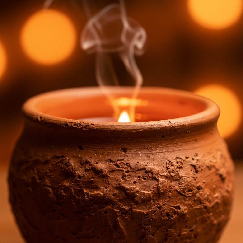Terracotta candle vessel with warm amber glow on wooden surface near fireplace