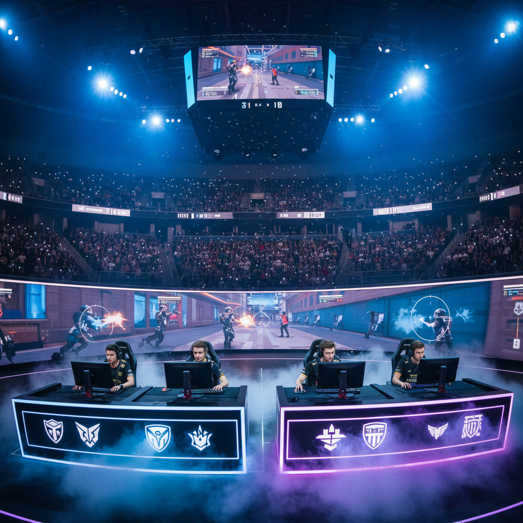 Professional esports arena with dim atmospheric lighting and dark steel walls