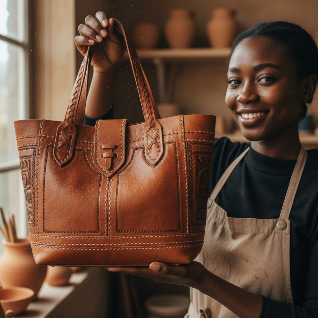 Portrait of a young Black woman artisan holding a handmade leather bag she crafted