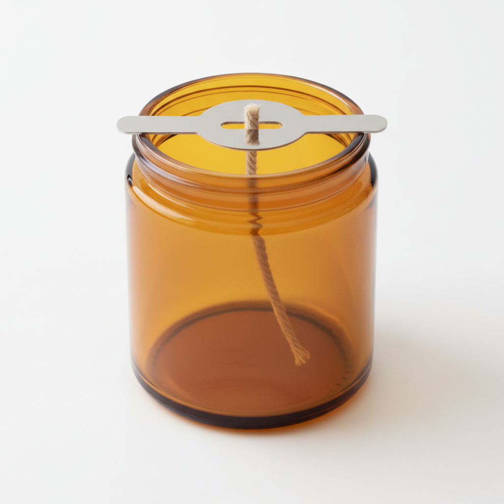Cotton wick being centered in a glass candle vessel with precision tweezers
