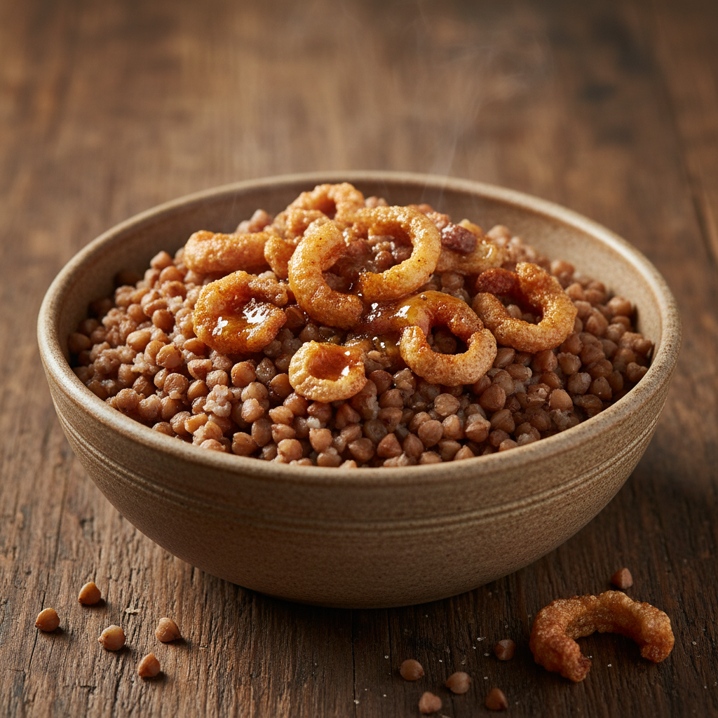 Rustic buckwheat porridge with golden cracklings in a ceramic bowl