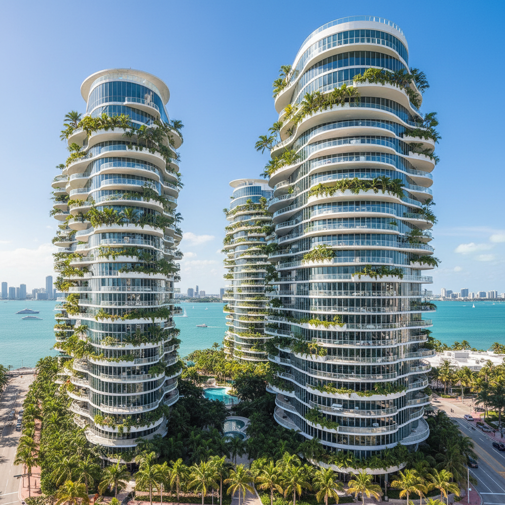 Luxury waterfront high-rise residential tower with pool terrace, Miami skyline, ocean view