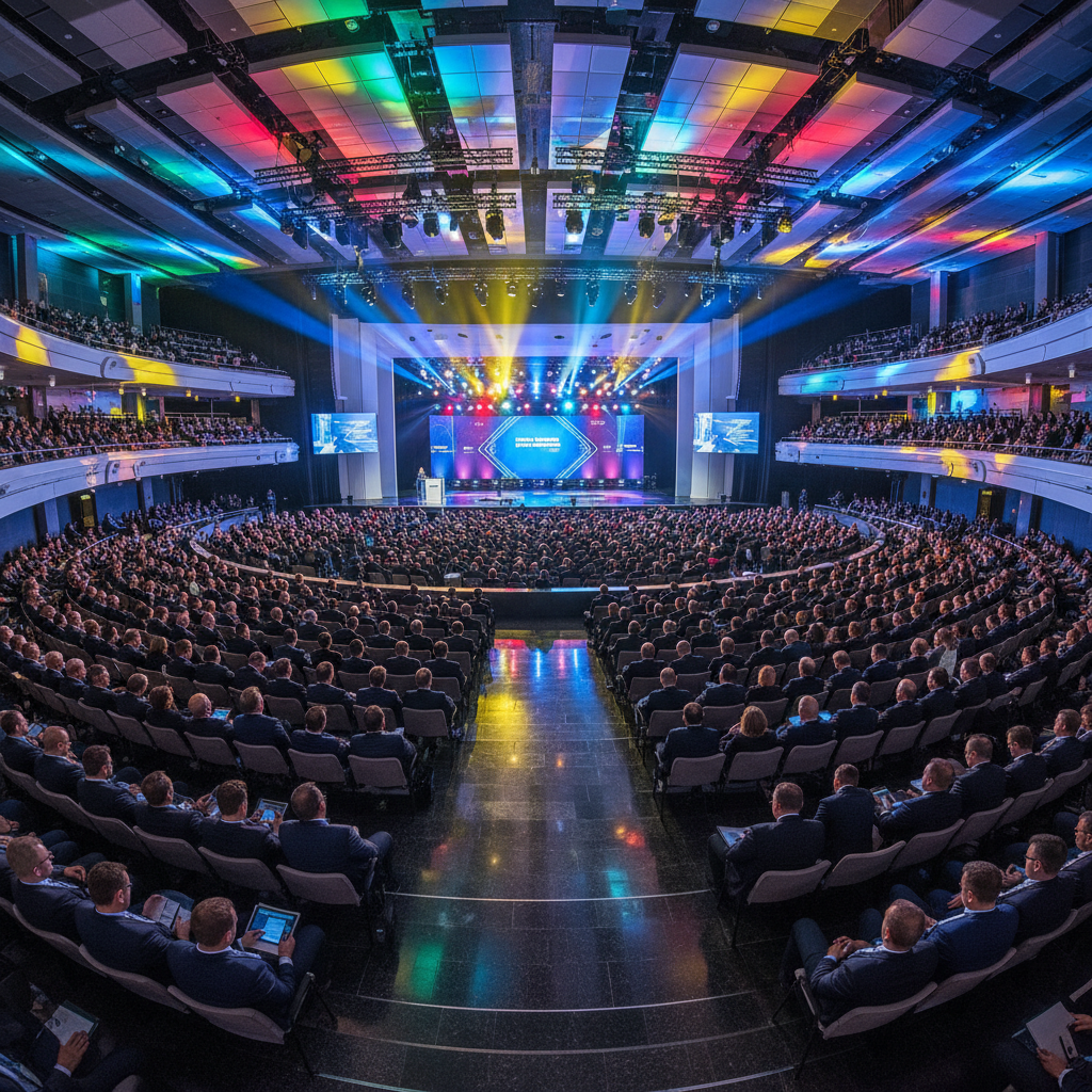 Large conference stage with dramatic spotlights cutting through dark atmospheric haze at a major corporate summit event