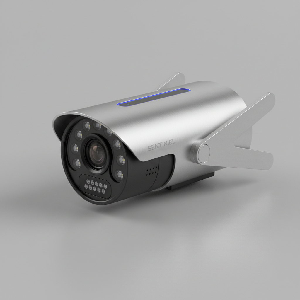 Modern CCTV security camera mounted on wall, dark metal housing, bright LED status light, clean industrial background