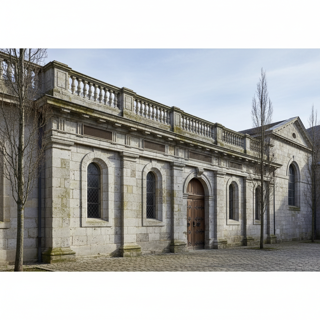 Historic stone building exterior with discreet speaker grilles integrated into original cornicing