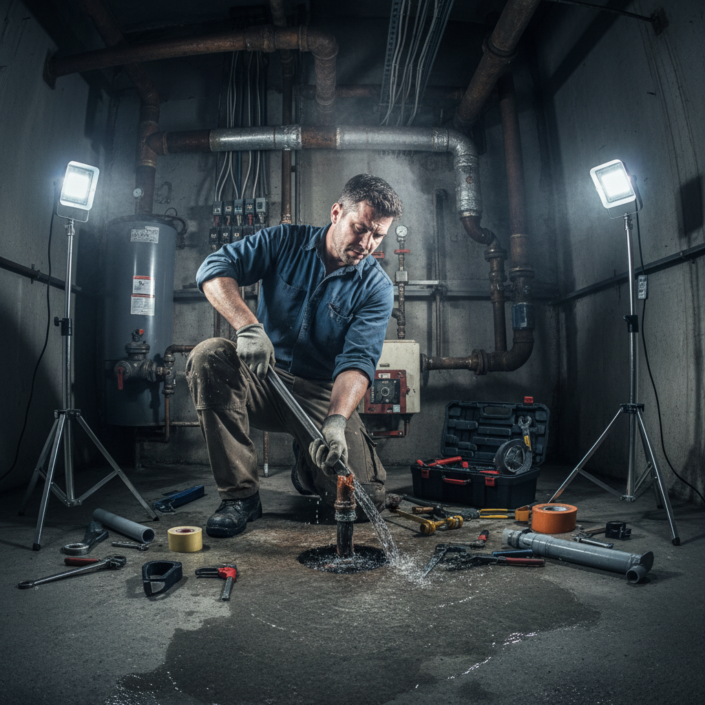 Plumber working on emergency pipe repair at night in commercial building