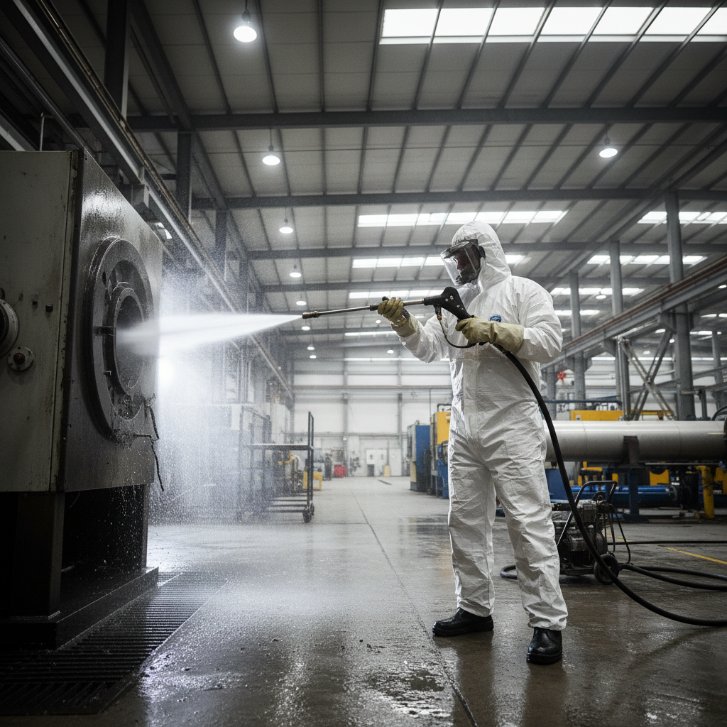 Professional contractor in work gear operating commercial pressure washing equipment on large property, bright daylight, industrial setting
