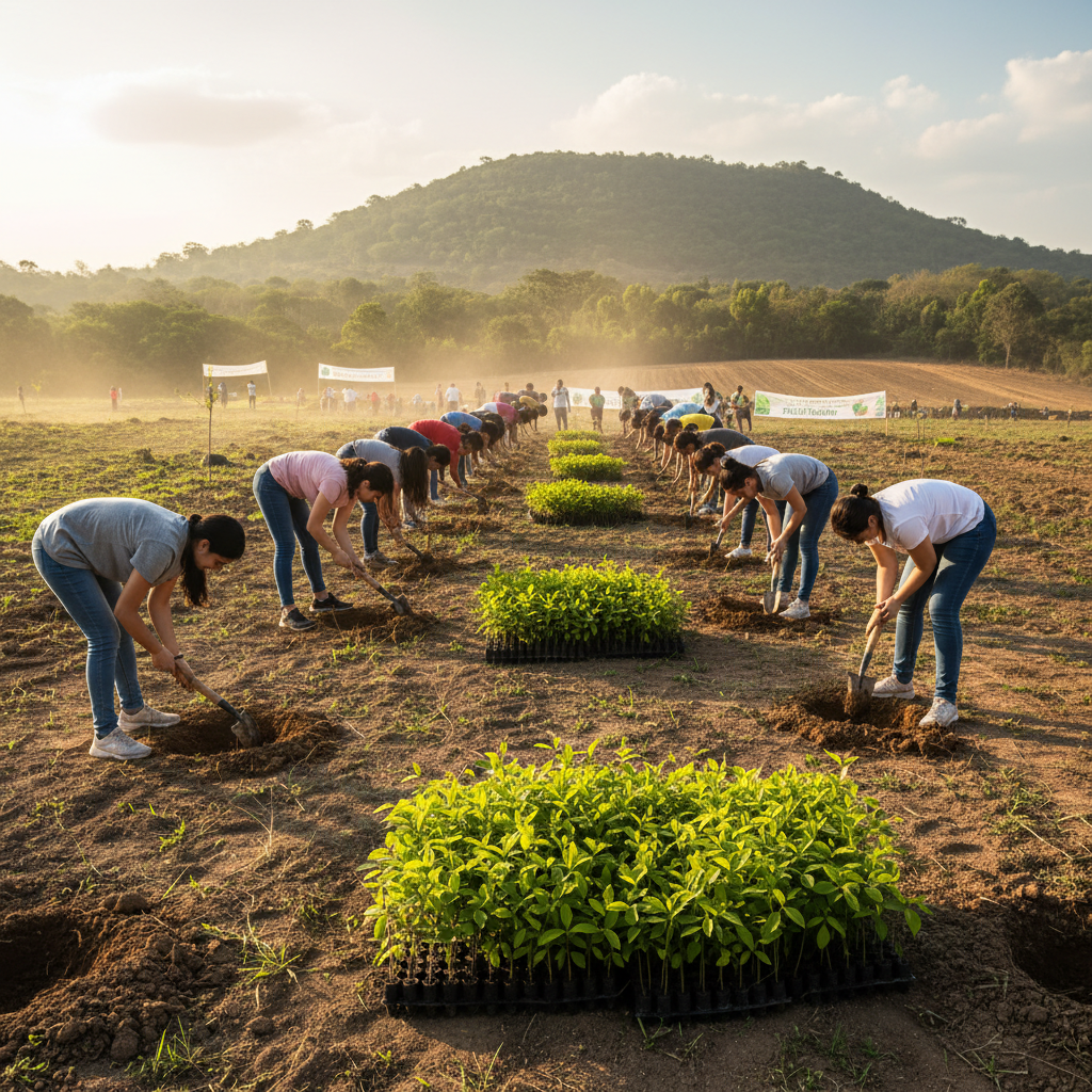 Volunteers planting saplings in Mangalagiri as part of Green Mandal tree plantation drive