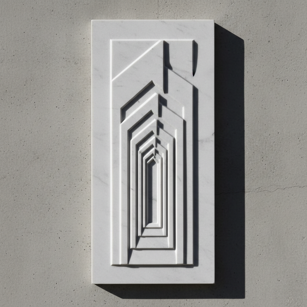 Thin white marble relief panel with abstract carved doorway motif and deep shadow lines