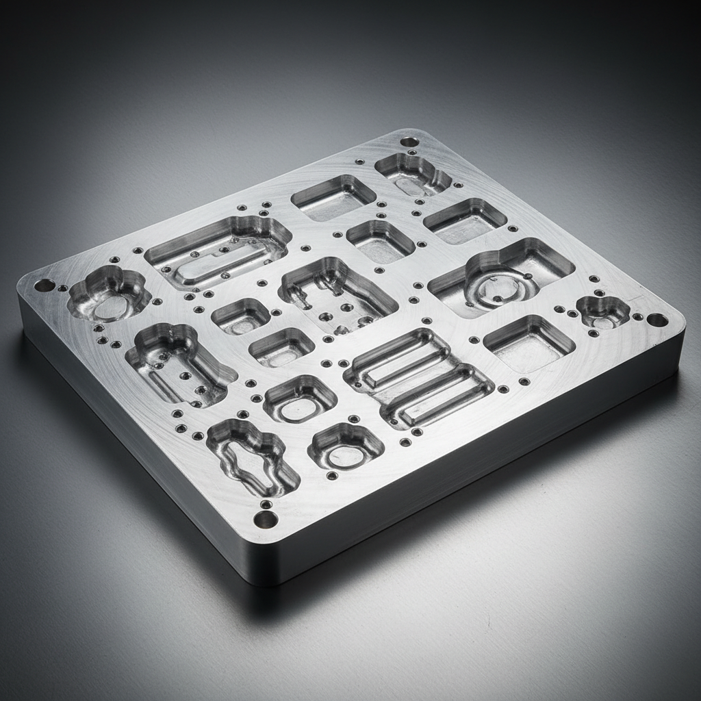 Machined aluminum vacuum forming mold with multiple cavities and vacuum ports, showing precision CNC surface finish