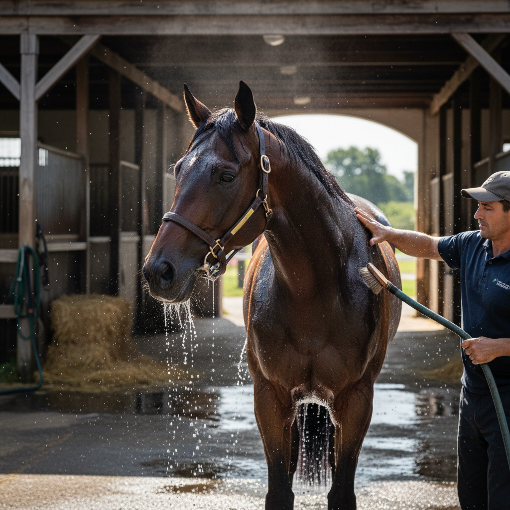Salty Pearl being washed down after track work, horse looking relaxed and healthy in stable surrounds