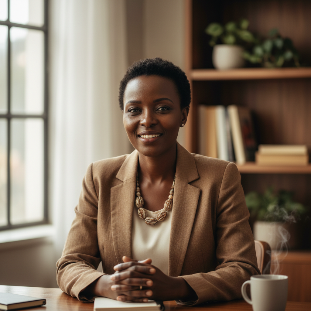 Young African woman filling out a form at a desk, focused expression, warm indoor lighting