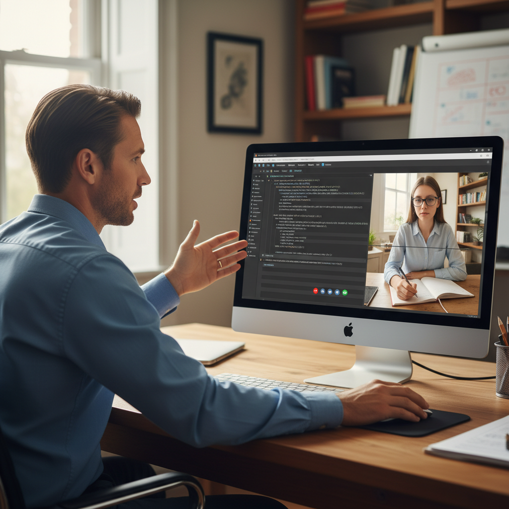 One-on-one online tutoring session with instructor visible on screen, student at editing workstation