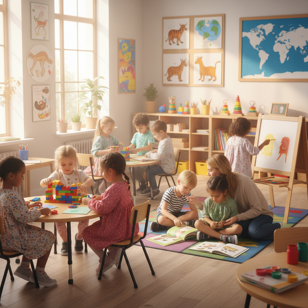 Young children attending school in a community supported by humanitarian organizations