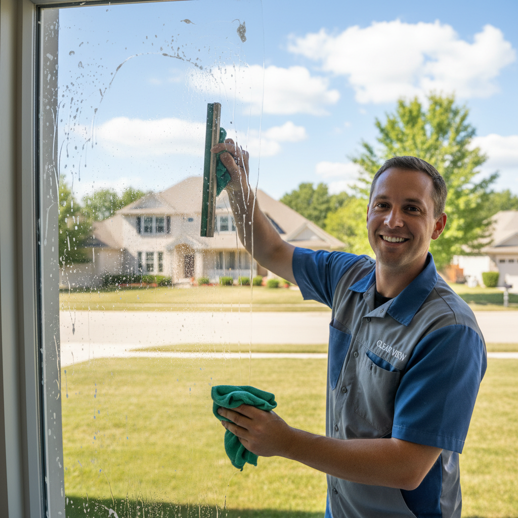 Professional cleaner in bright blue uniform cleaning large windows on a sunny day, clear sky background, modern building exterior