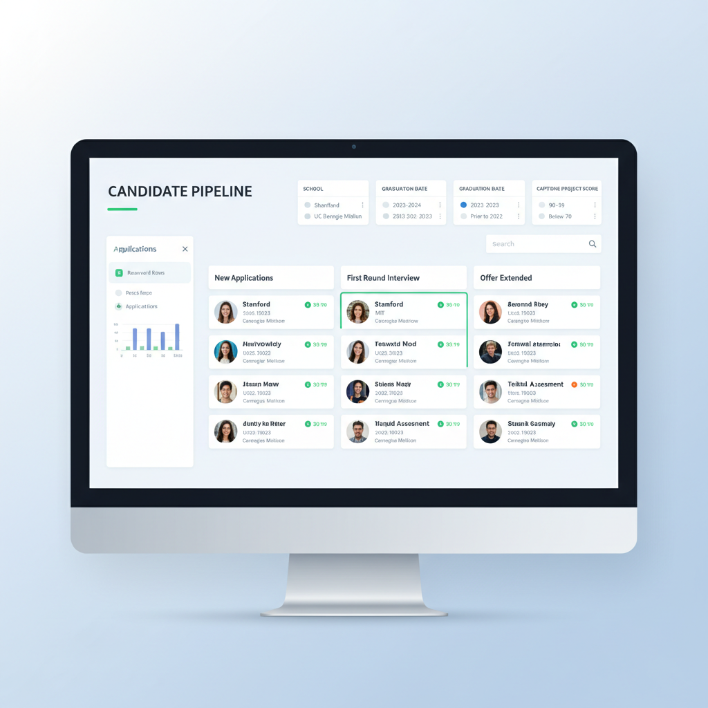 Recruit platform dashboard showing candidate pipeline with filters for school, graduation date, and capstone project scores